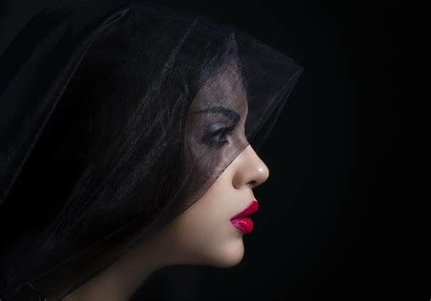 Wallpaper Face Women Model Black Background Dark Profile Red Lipstick Black Hair Nose