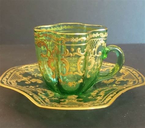 19th C Green Moser Art Glass Enamel Demitasse Tea Coffee Cup And Saucer Set C 1885 1900