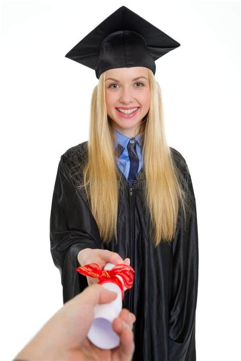 Smiling Woman In Graduation Gown Receiving Diploma Stock Image Image
