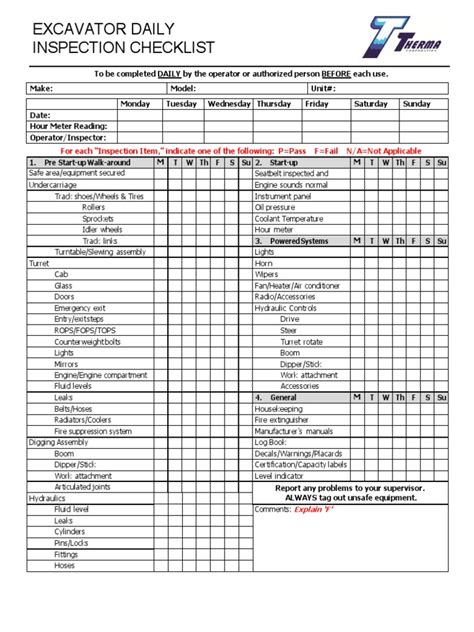 Excavator Daily Inspection Checklist Wheeled Vehicles Vehicles