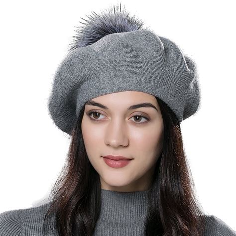 Winter Wool Beret Hat Fox Fur Pom Pom Hat Womens Knit Beanie Dark