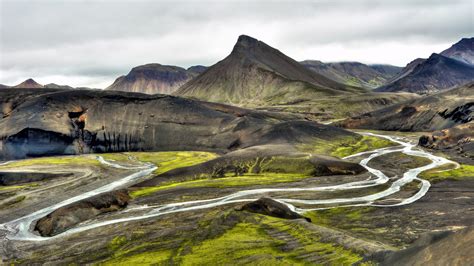 Nature Landscape Mountains Iceland River Stream Clouds Moss