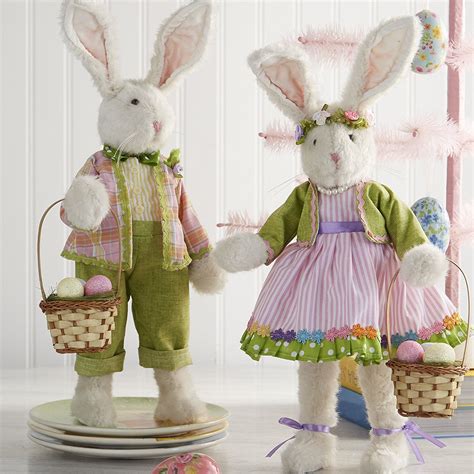 Set Of 2 Easter Bunny Figurines 17 Inch Posable Bunnies By Raz Imports