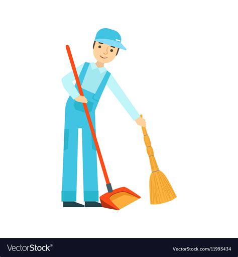 Man With Broom And Duster Sweeping The Floor Vector Image