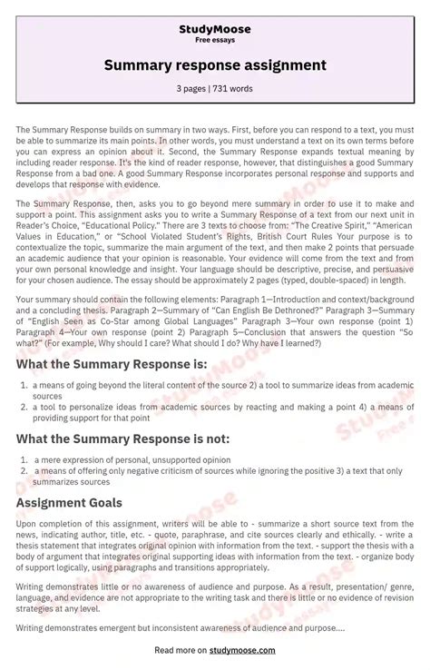 Summary Response Assignment Free Essay Example