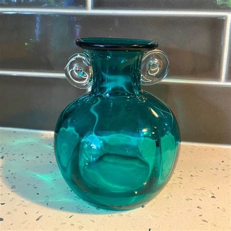 Accents Vintage Turquoise Glass Vase With Clear Handles Euc Poshmark