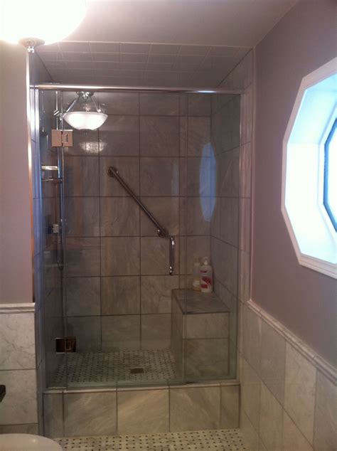 Custom Shower Step Up With Built In Bench Glass To Glass Hinges