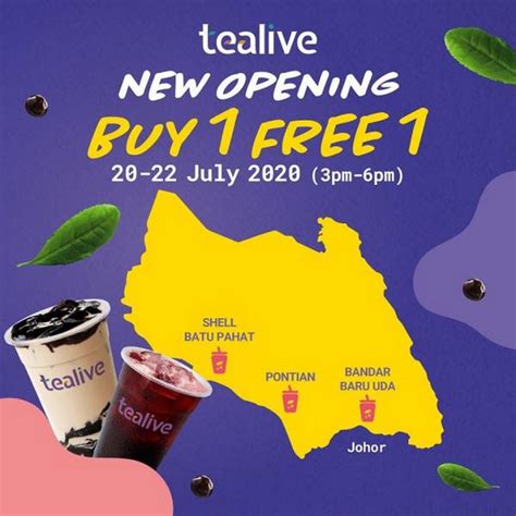 The new menu carries high quality products made with imported ingredients. 20-22 Jul 2020: Tealive New Opening Buy 1 Free 1 Promotion ...