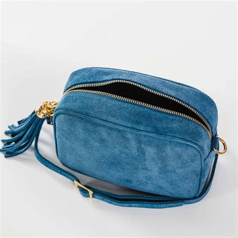 Personalised Blue Suede Cross Body Bag By The Stamford Studio
