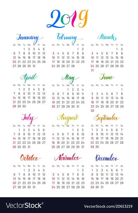 Plain Wall Calendar 2019 Year Lettering Flat Vector Image