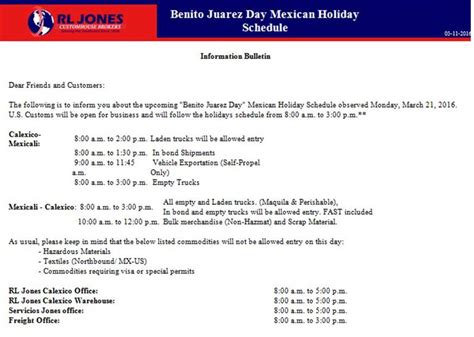 Benito Juarez Day Mexican Holiday Schedule Rl Jones Customhouse