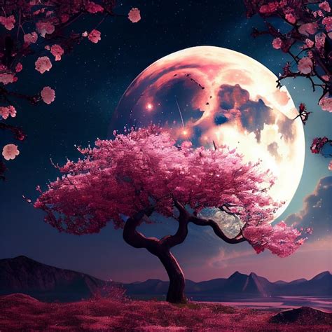 Cerezos En Flor De Sakura Y Luna Llena Ilustración Foto Premium