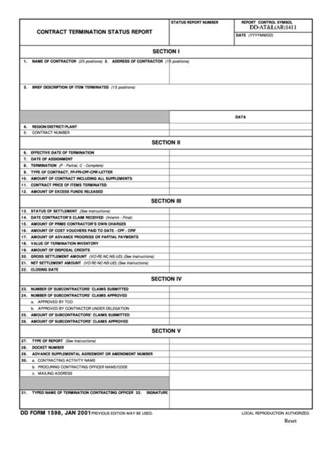 Fillable Dd Form 1598 Contract Termination Status Report Printable
