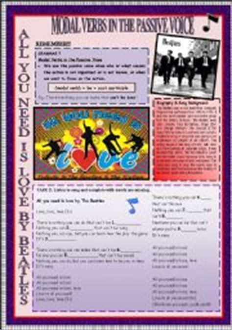 Modal verbs are commonly used in sentences in passive voice. English teaching worksheets: Passive voice songs