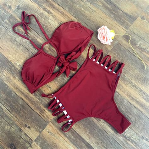 sexy brazilian bikini set wine red bandage hollow out swimwear women swimsuit bathing suit cami