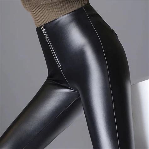 elastic high waist leather trousers women s winter faux leather pants plus size zipper pu skinny