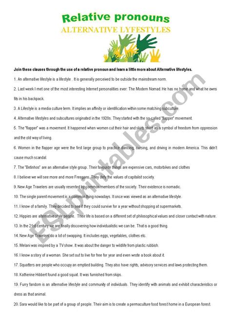 Relative Clauses - Alternative lifestyles - ESL worksheet ...