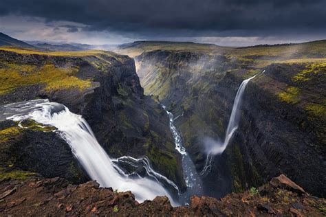 Landscape Nature Waterfall Canyon River Dark Clouds Iceland