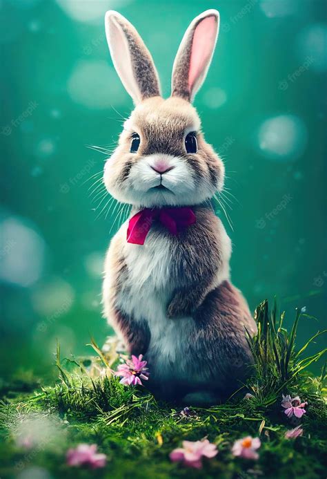Premium Photo Cute Cartoon Rabbit On Green Grass Cute White Rabbit On