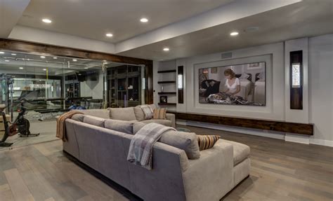 Basement Home Theater And Workout Gym Transitional Basement