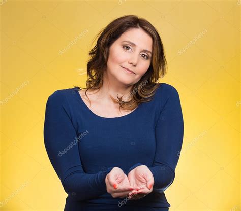 Woman With Raised Up Palms Arms At You Offering Something Stock Photo