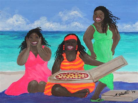 Three Girls On The Beach With A Pizza Painting By Amy Scholten Pixels