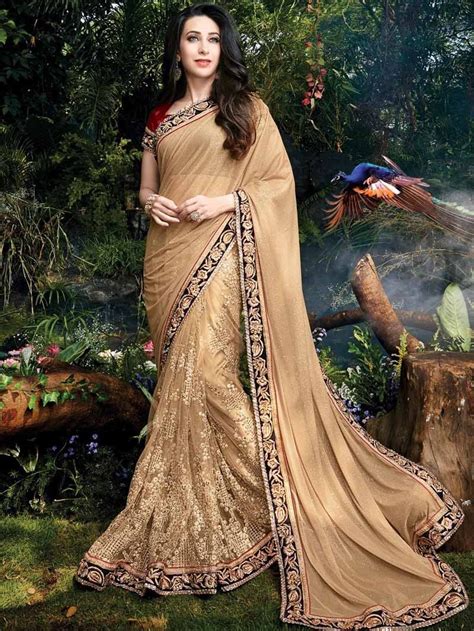 beige color embroidered wedding wear saree golden saree bollywood sarees online saree designs