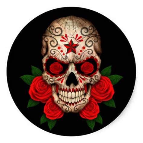 Dark Sugar Skull With Red Roses Classic Round Sticker Zazzle Sugar