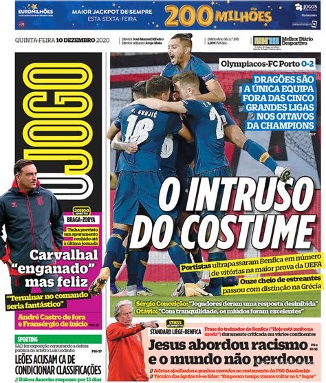 A equipe até chegou ao segundo gol aos 30, com marega, porém o braga se fechou bem, conseguiu segurar o resultado e confirmou a classificação. Fora-de-jogo: Capas: A vitória do FC Porto na Grécia. O ...