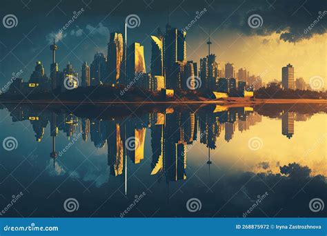 Cityscape With Reflection Futuristic Skyscrapers Generative Ai Stock