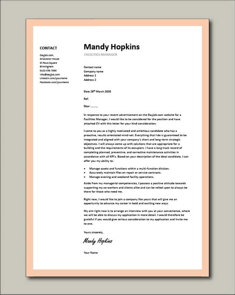 Free Facilities Manager Cover Letter Example 8