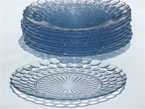 Vintage Blue Bubble Pattern Dinner Plates Anchor Hocking Depression Glass