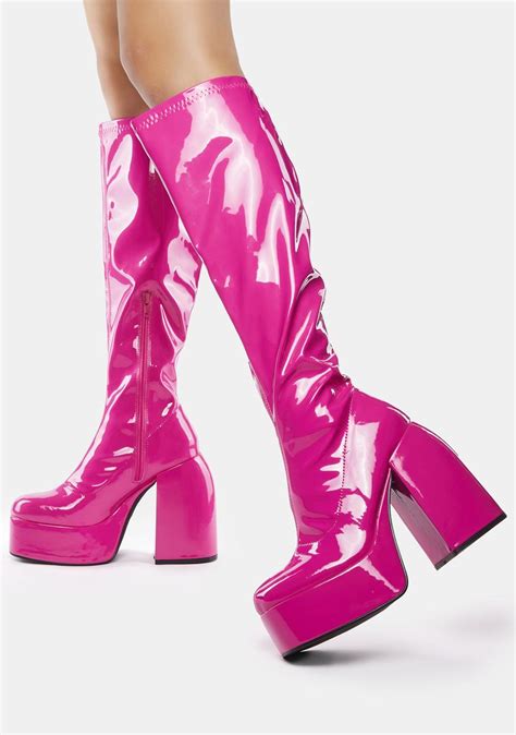 Patent Vegan Leather Knee High Platform Boots Pink Dolls Kill