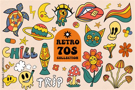 Retro 70s Vibe Hippie Stickers Psychedelic Trippy Groovy Elements Cartoon Funky Sticker