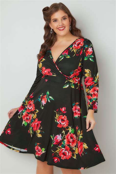 Lady Voluptuous Black Red Lyra Floral Print Dress Plus Size To