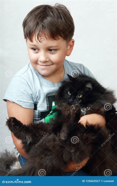 Boy With Cat Stock Image Image Of Cheerful Childhood 125663527