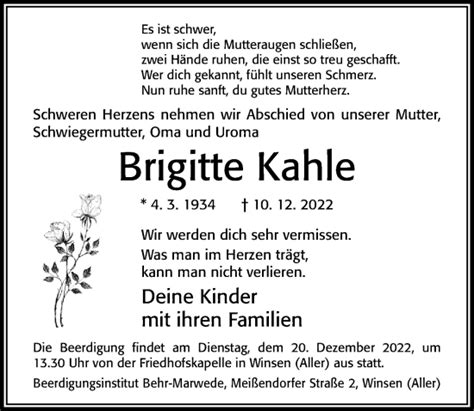 Traueranzeigen Von Brigitte Kahle Trauerportal Der Celleschen Zeitung