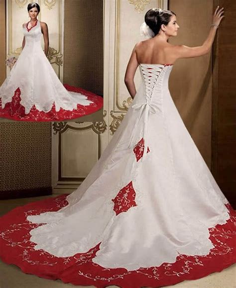 Stain Red And White Wedding Dresses Halter Bride Bridal Wedding Gowns
