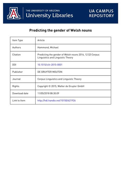 Pdf Predicting The Gender Of Welsh Nouns Arizona