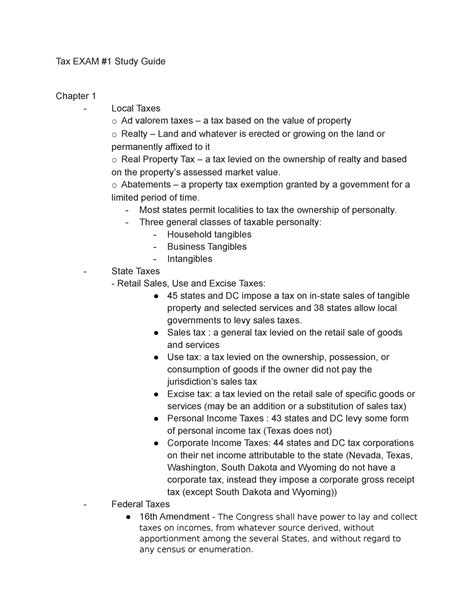 Tax Exam #1 Study Guide - Tax EXAM #1 Study Guide Chapter 1 - Local