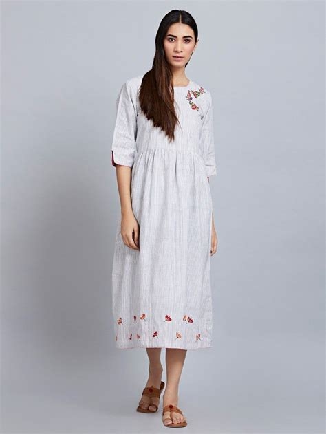 White Blue Striped Khadi Cotton Embroidered Dress Embroidered Dress