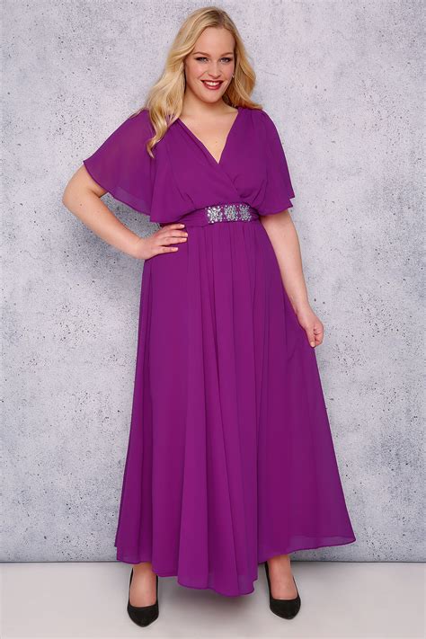 Scarlett And Jo Purple Chiffon Maxi Dress With Embellished Waist Tie Plus Size 16 To 32