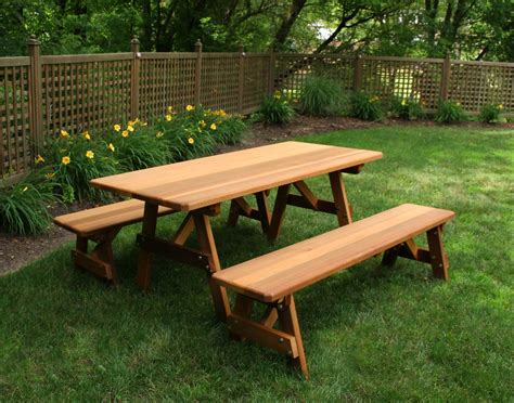 A cedar garden bench is lovely in the yard or for your patio deck. Red Cedar Picnic Table w/Benches
