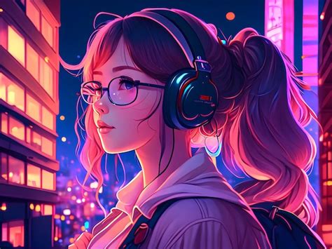 Garota de anime com ilustração de lofi de fone de ouvido Foto Premium