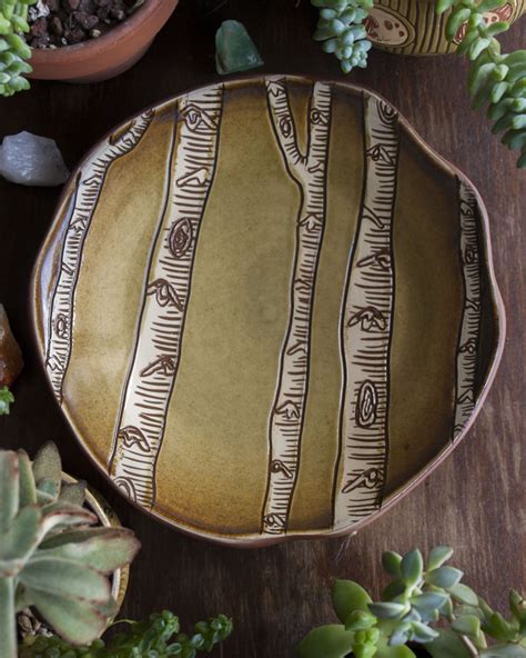 Red Stoneware Plate I Made And Designed With Sgraffito Birch Trees