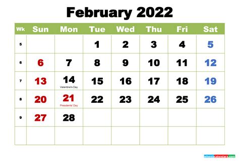 Free February 2022 Calendar With Holidays Printable