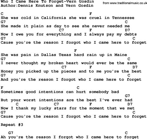 Country Music:Who I Came Here To Forget-Vern Gosdin Lyrics and Chords