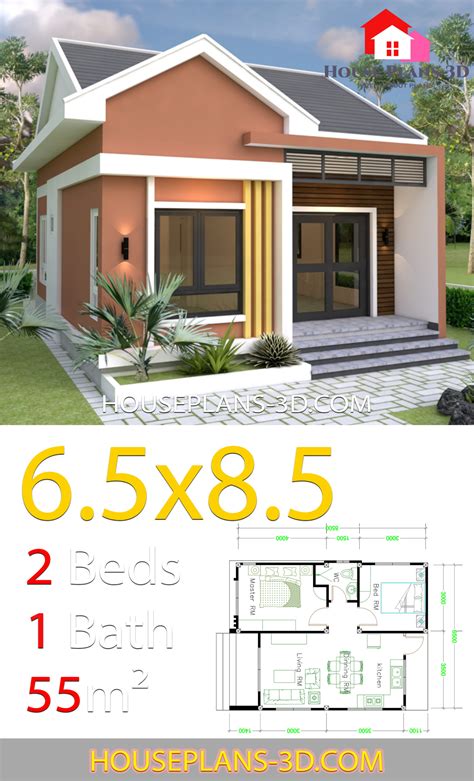 House Design 6 5x8 5 With 2 Bedrooms Shed Roof House Plans 3D