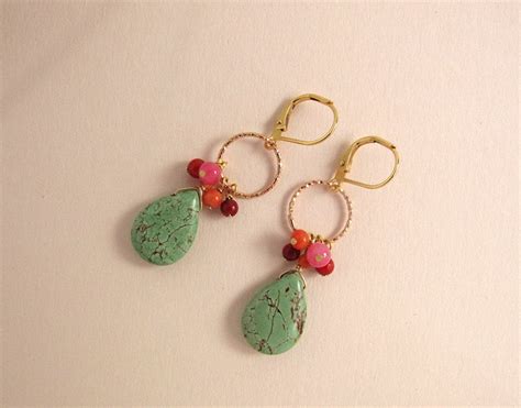 Green Turquoise Drop Earrings With Corals In Reds And Pinks On Etsy