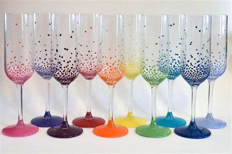 Hand Painted Champagne Flutes Set Of Ten In Gradated Bubbles Style In